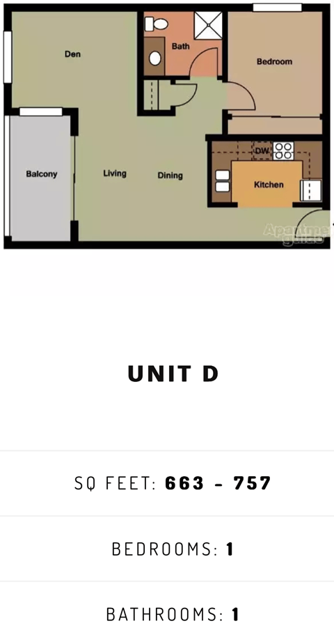 Floor plan for 1 bed, 1 bath, 663 sqft